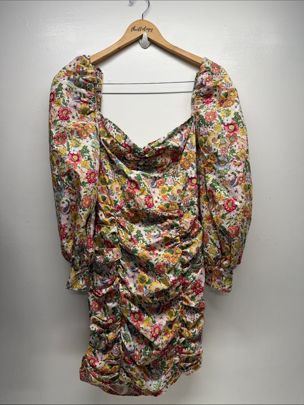 Nasty Gal Dress Mini Vibrant Floral Balloon Sleeve Ruched Open Back NWT Size 6